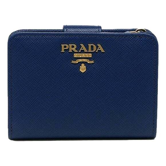Prada Saffiano Metal Compact Wallet Bluette Blue Multicolor Gold - Picture 1 of 9